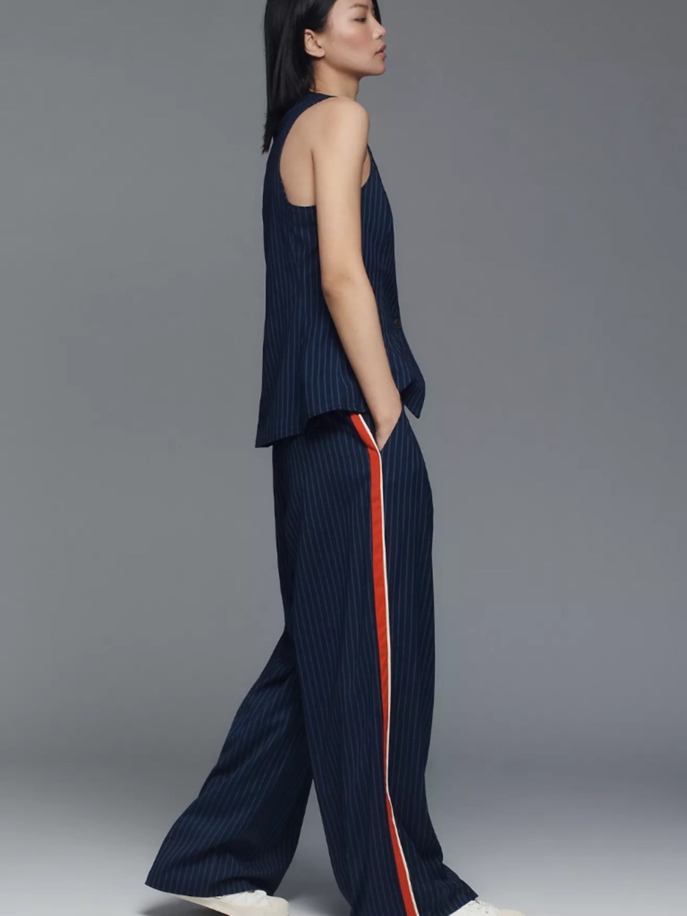 The Avery Pleated Wide-Leg Trousers by Maeve: Pinstripe Track Edition (S/M)